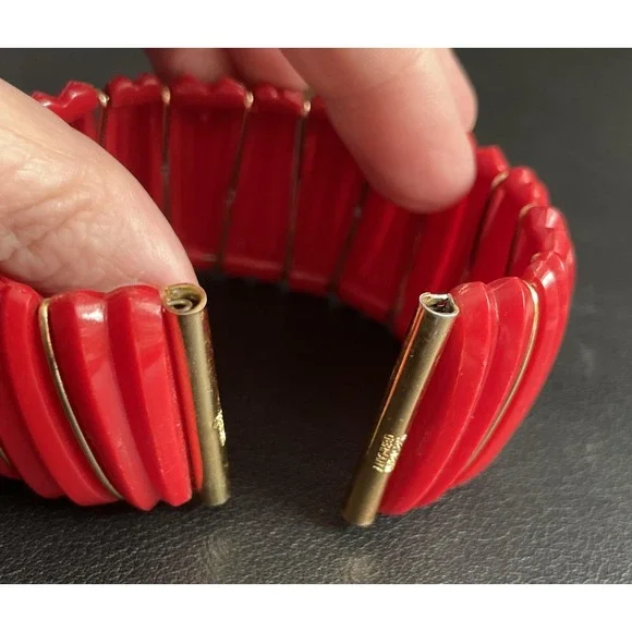 Vintage Acrylic Bracelet Western Germany Gold Tone Stretch Wide Bangle - Picture 3 of 8